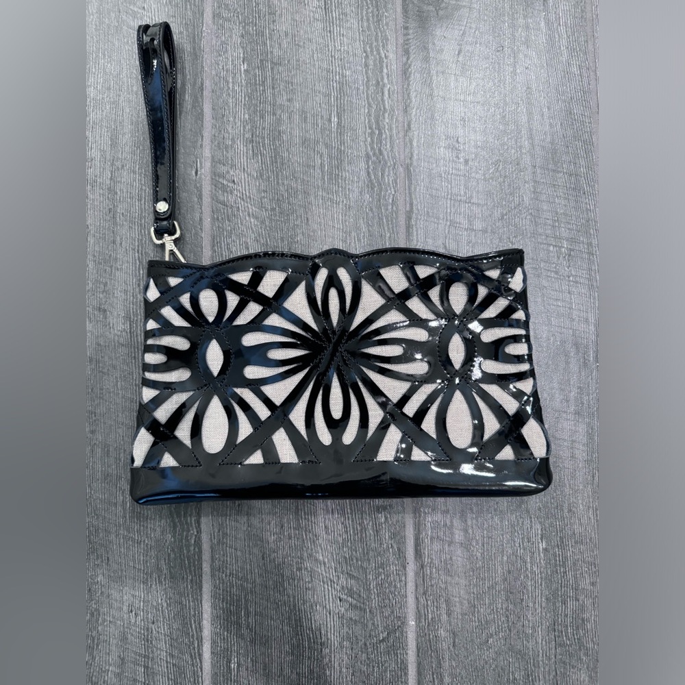 Sondra Roberts New York Black Patent‎ Leather Cutout Wristlet Handbag Clutch